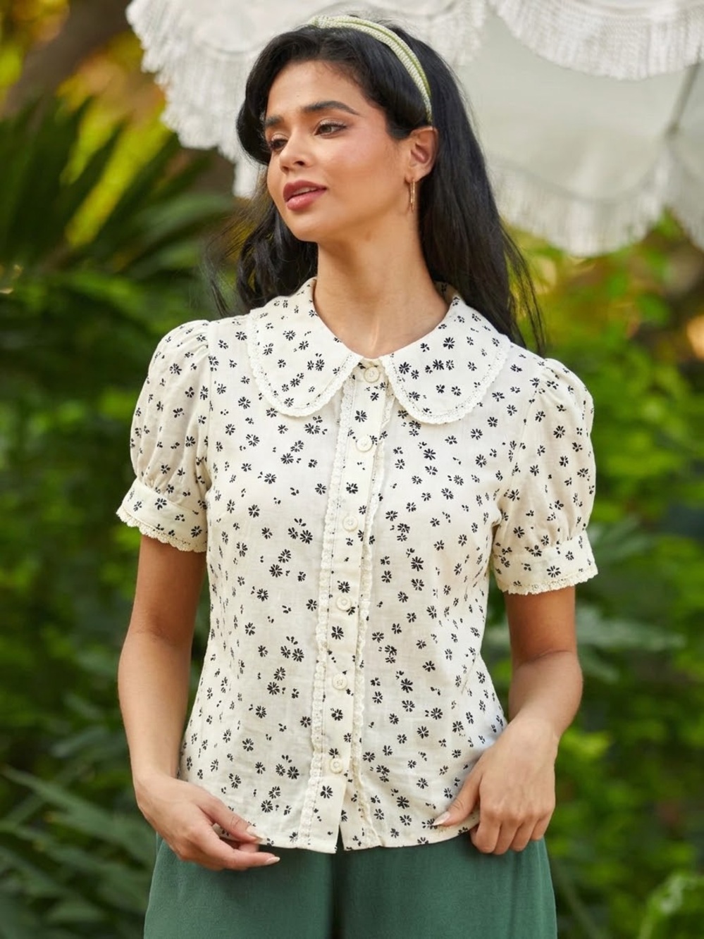 NWT ModCloth “Daydreamer’s Delight” Ruffled Peter Pan Collar Top IVORY w/ BLACK